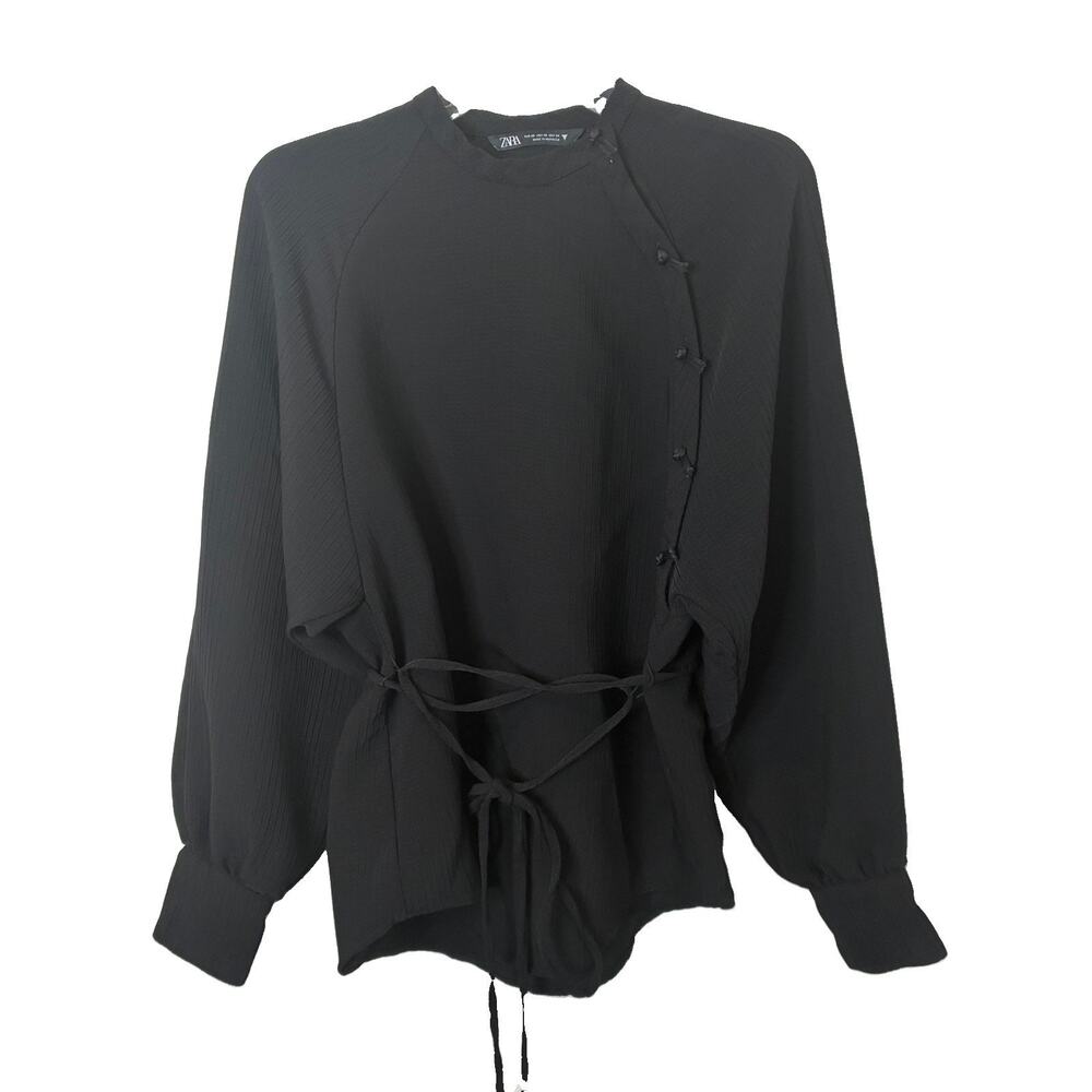 Zara Women's Structured Black Crinkle Asymmetric Front Closure w/Knot Buttons XS